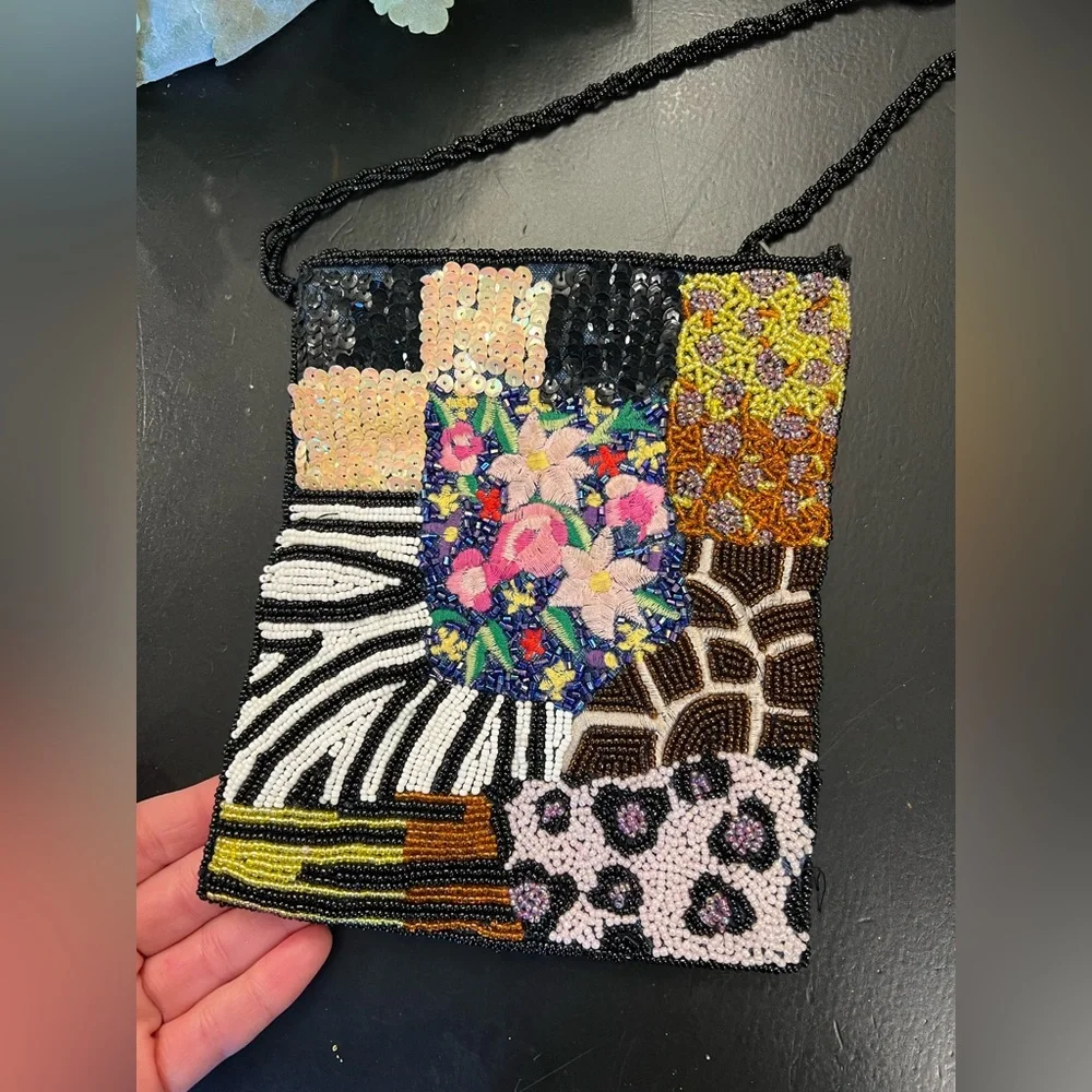 Vintage 90s Y2K Colorful Animal Print Floral Beaded Sequins Cross‎ Body Purse